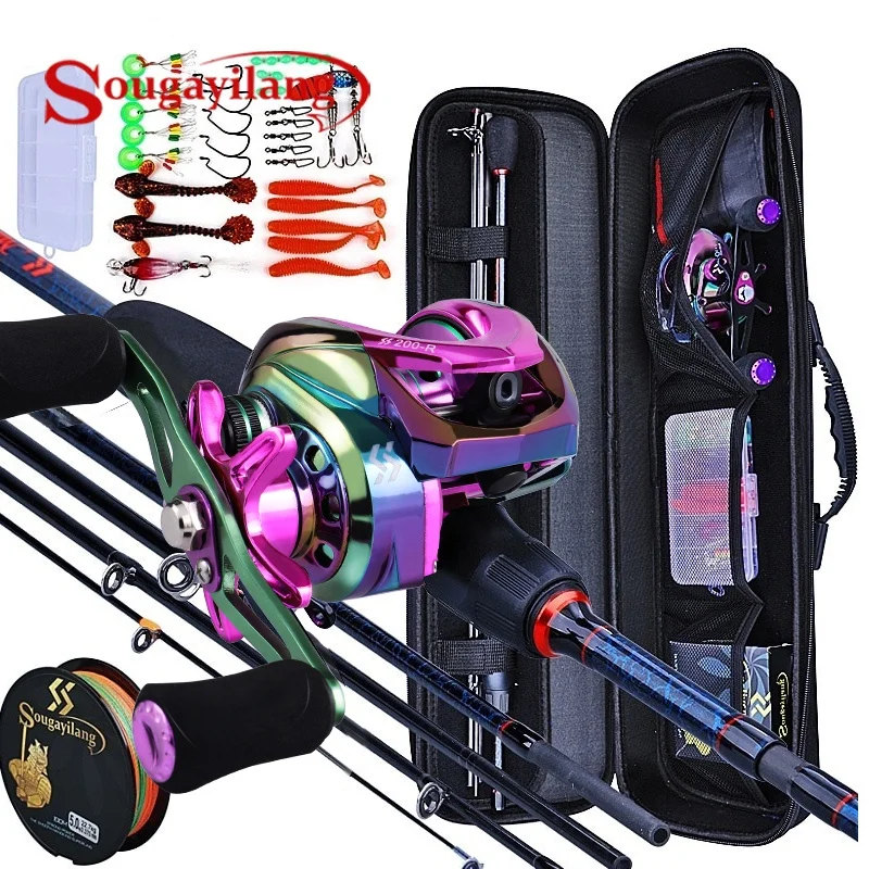 Spincast Reel - Sougayilang เบ็ดตกปลาและม้วน 5 ส่วน Carbon Rod
